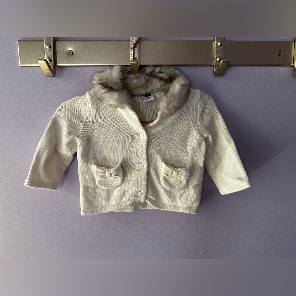 Janie and Jack White Sweater Cardigan w/Faux Fur Trim Size 3-6 Months